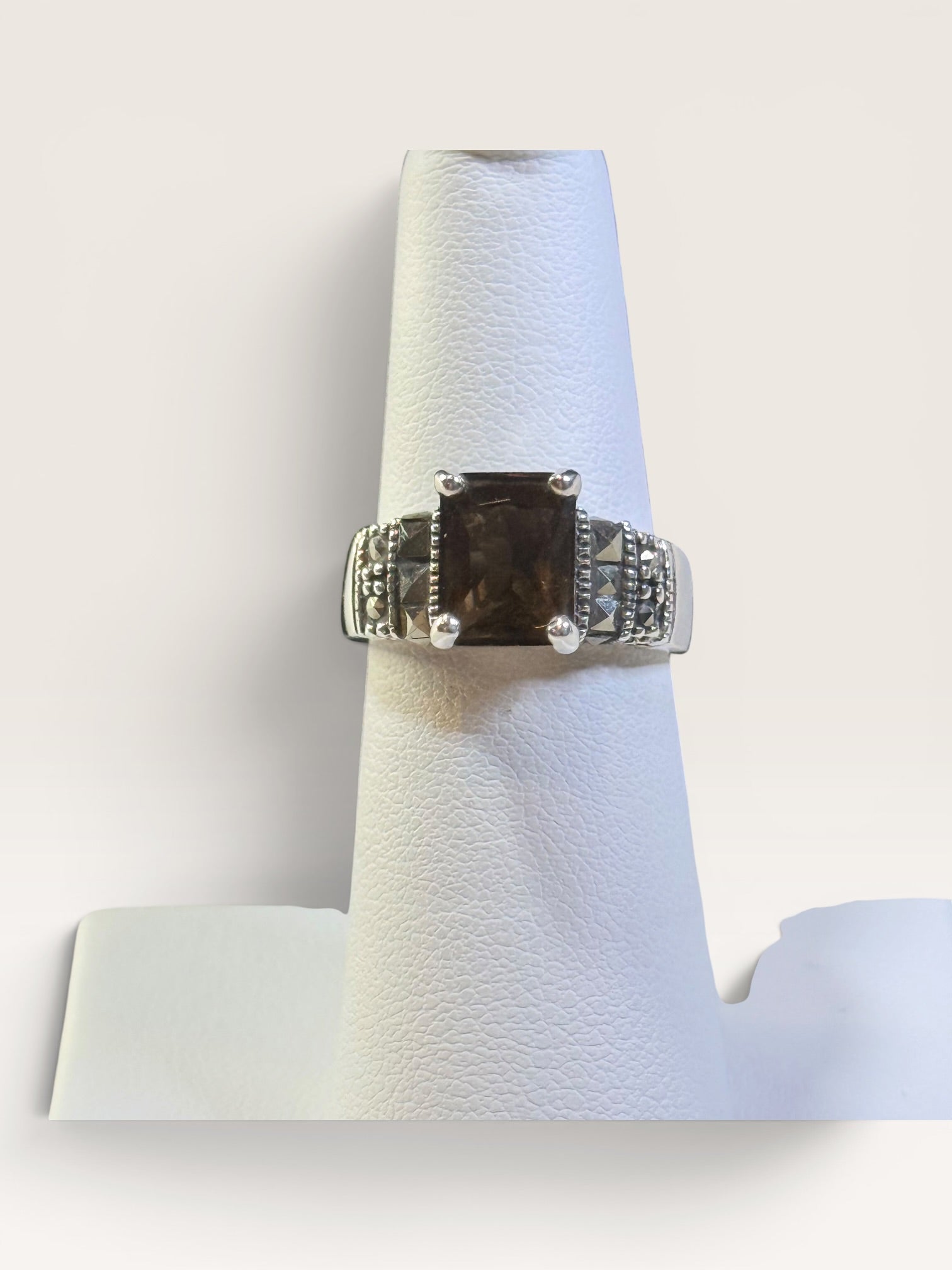 Sterling Silver Marcasite & Smokey Topaz Gemstone Ring - Estate Sale (Great Condition)