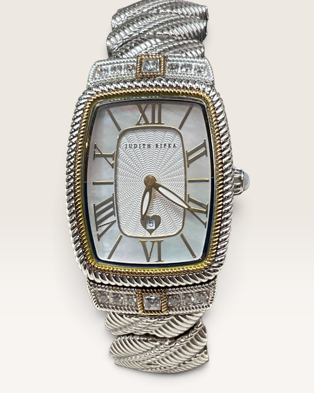 Judith Ripka Two-Tone Stainless Steel Quartz Watch with Textured Rope Detail Bracelet & Mother of Pearl Dial - Pre-Loved