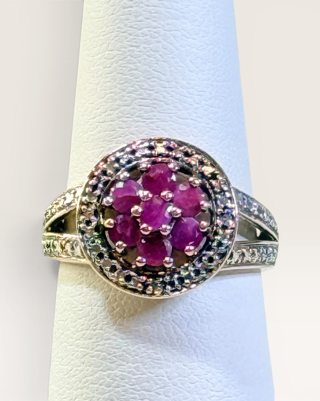 Sterling Silver Flower Ruby with Halo of White Topaz Gemstone Ring - Estate Sale (Great Condition)