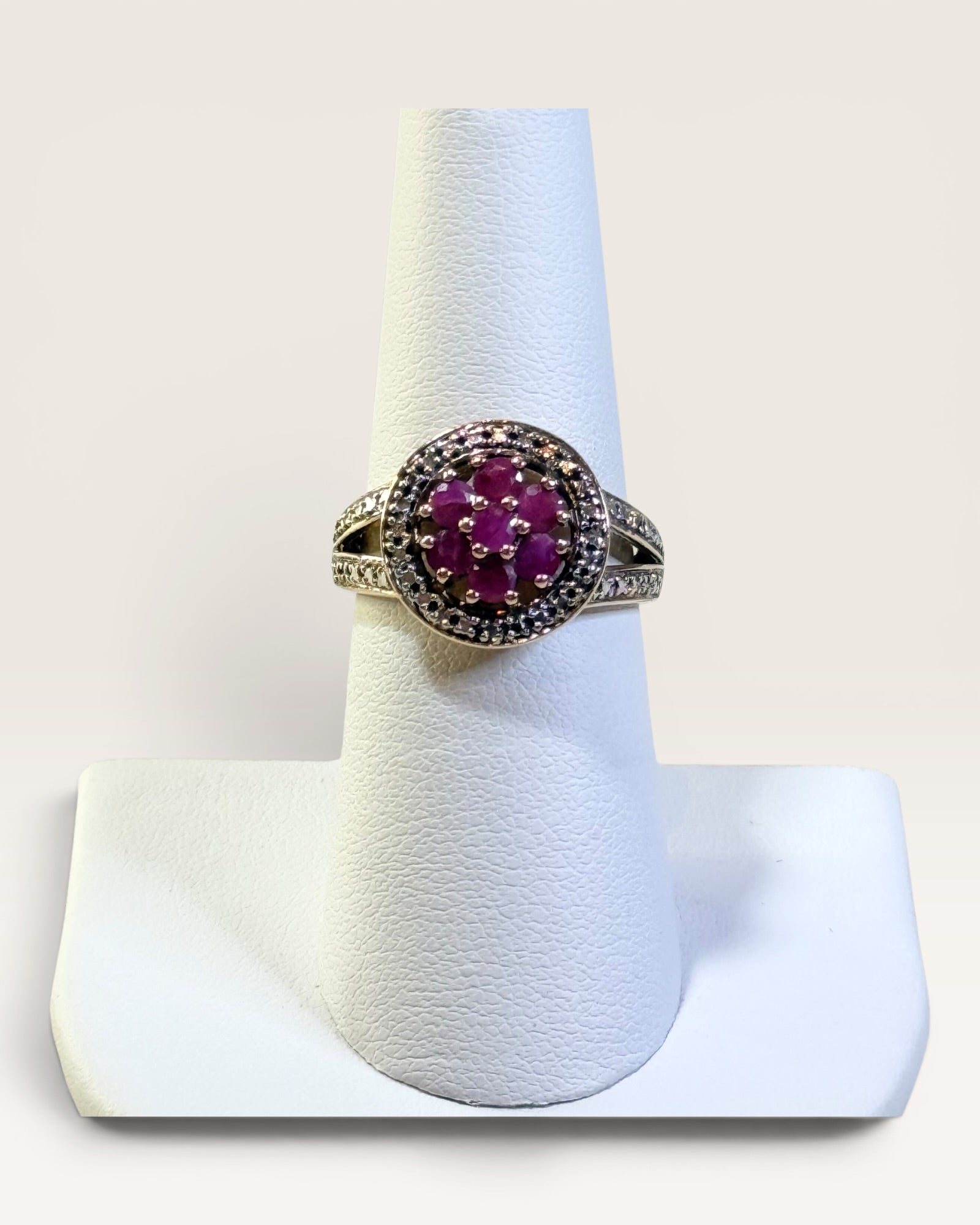 Sterling Silver Flower Ruby with Halo of White Topaz Gemstone Ring - Estate Sale (Great Condition)