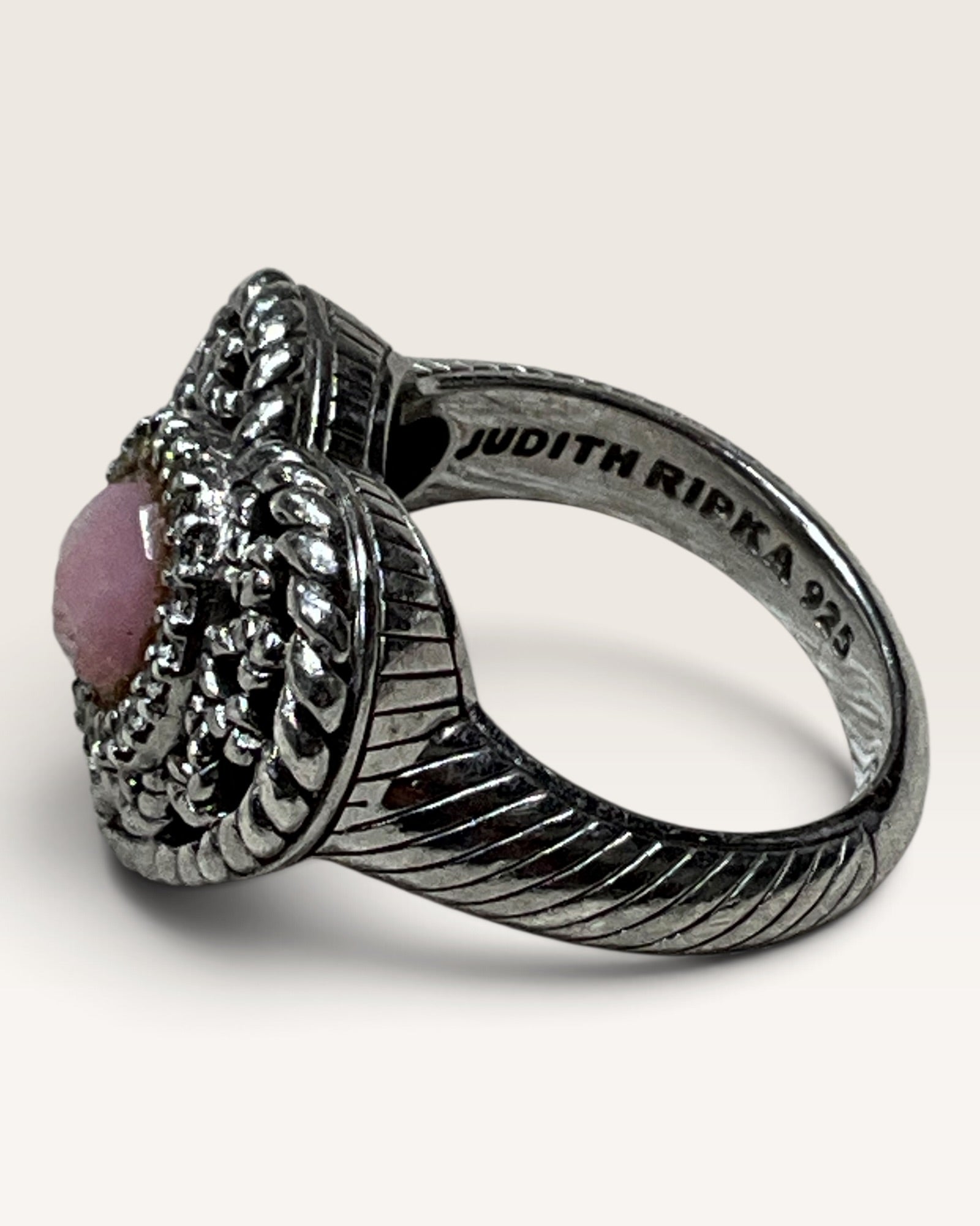 Judith Ripka Sterling Silver Heart Ring with Pink Cabochon - Pre-Loved