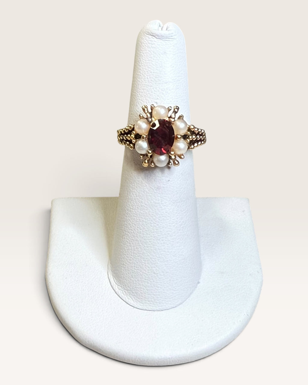 Vintage Avon Ring 1973 ROSEGLOW Ring Red Rhinestone Ruby Garnet Pearls Gold tone Adjustable - Pre-Loved