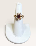 Vintage Avon Ring 1973 ROSEGLOW Ring Red Rhinestone Ruby Garnet Pearls Gold tone Adjustable - Pre-Loved