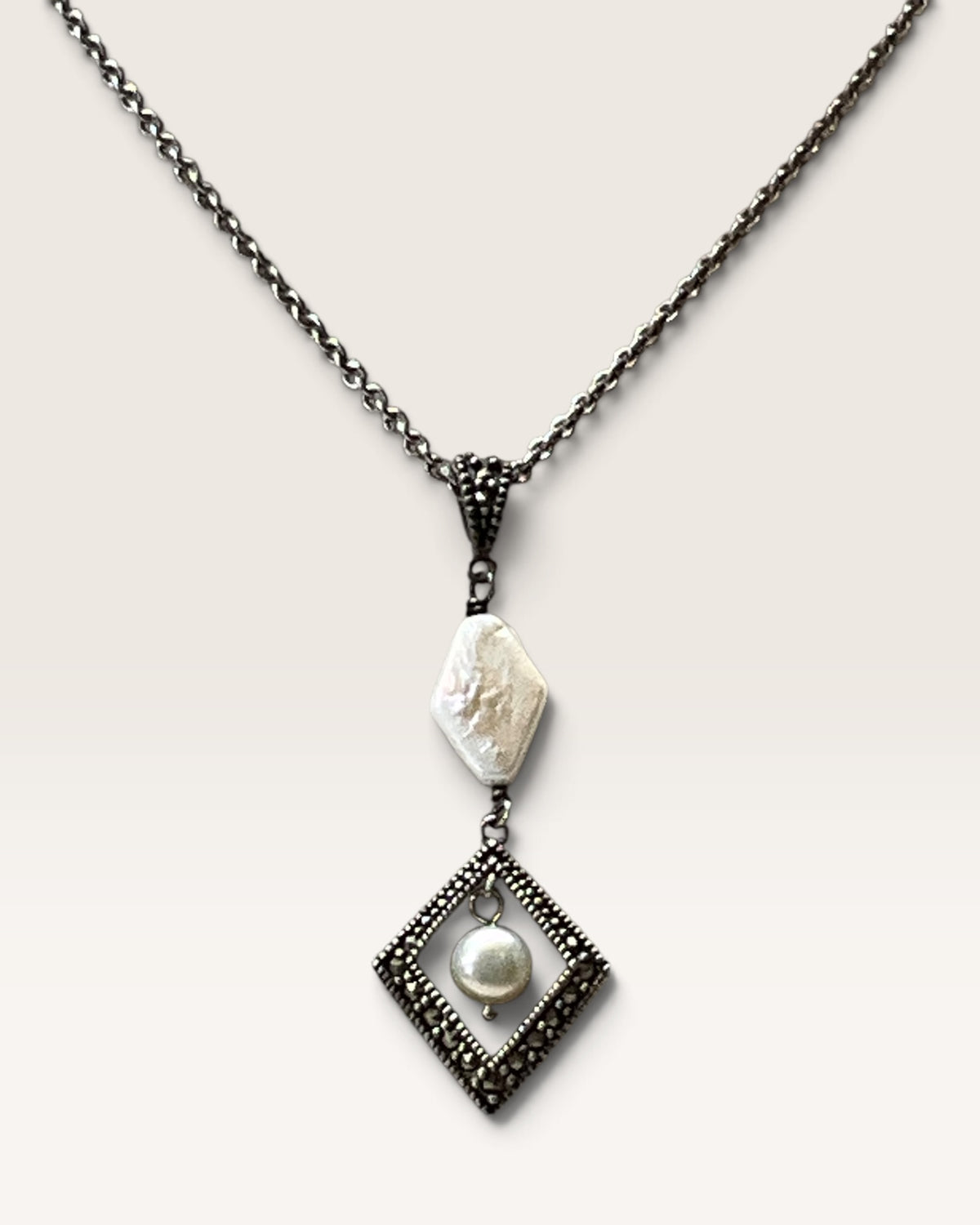 Judith Jack Marcasite & Mother of Pearl Sterling Silver Necklace - Pre-Loved