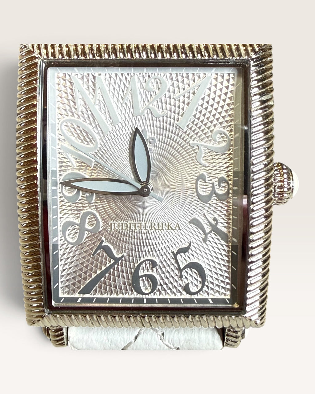 Judith Ripka Rectangular Cable-Edge Wristwatch Featuring a Textured Silver Dial with Stylized Oversized Arabic Numerals and a White Quilted Leather Strap
