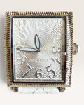 Judith Ripka Rectangular Cable-Edge Wristwatch Featuring a Textured Silver Dial with Stylized Oversized Arabic Numerals and a White Quilted Leather Strap