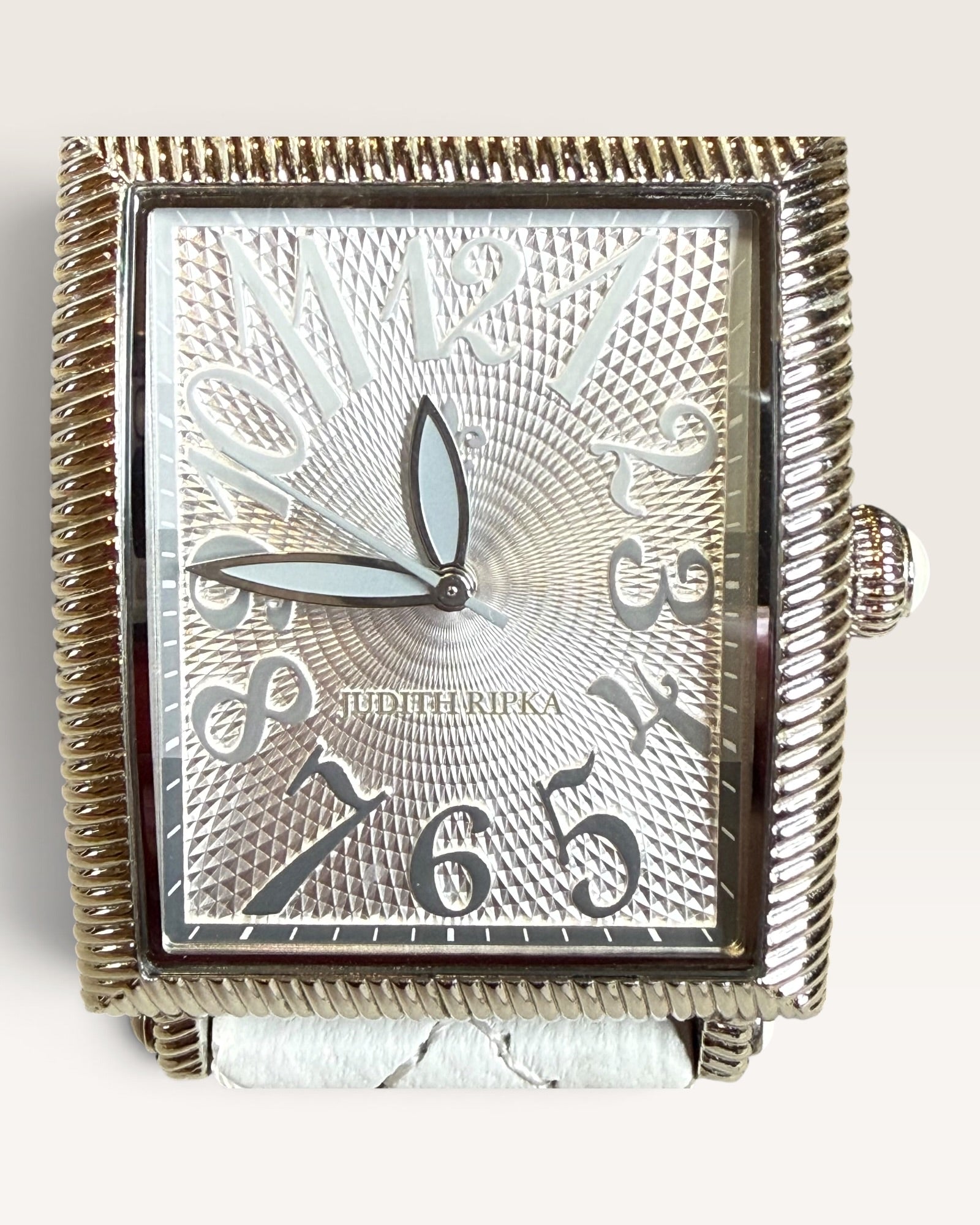 Judith Ripka Rectangular Cable-Edge Wristwatch Featuring a Textured Silver Dial with Stylized Oversized Arabic Numerals and a White Quilted Leather Strap