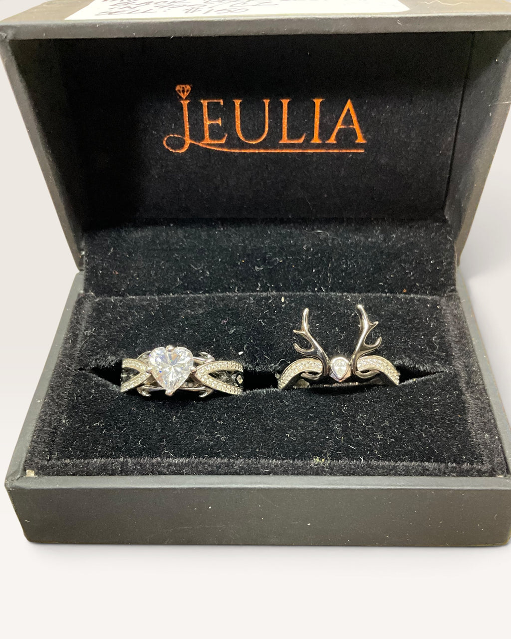 Silver & Stone Jewels Beautiful Deer Antler Wedding & Engagement Ring Set Heart Cut CZ Bridal Ring - Pre-Loved