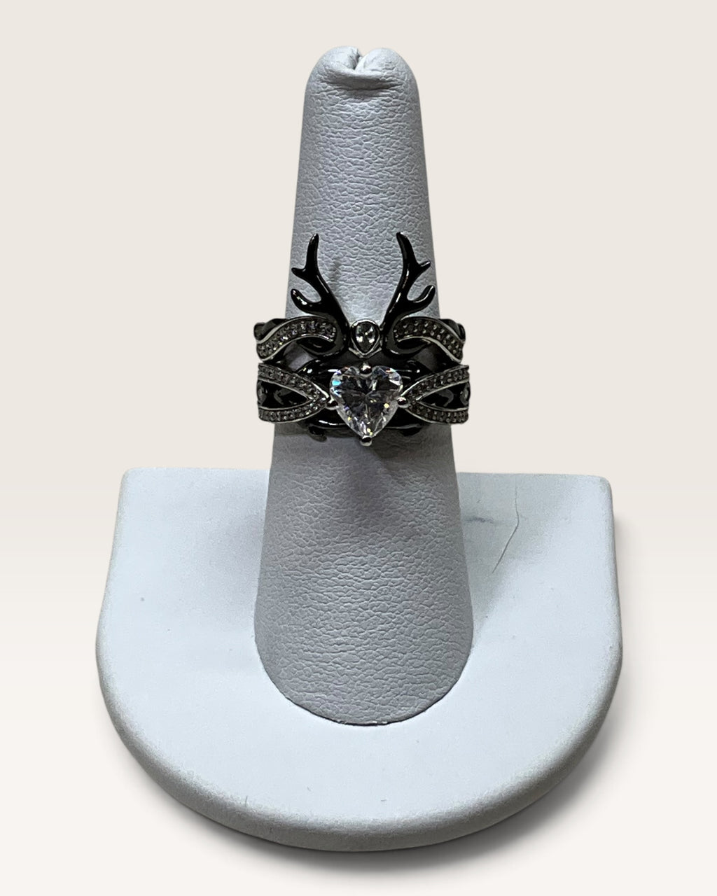 Silver & Stone Jewels Beautiful Deer Antler Wedding & Engagement Ring Set Heart Cut CZ Bridal Ring - Pre-Loved
