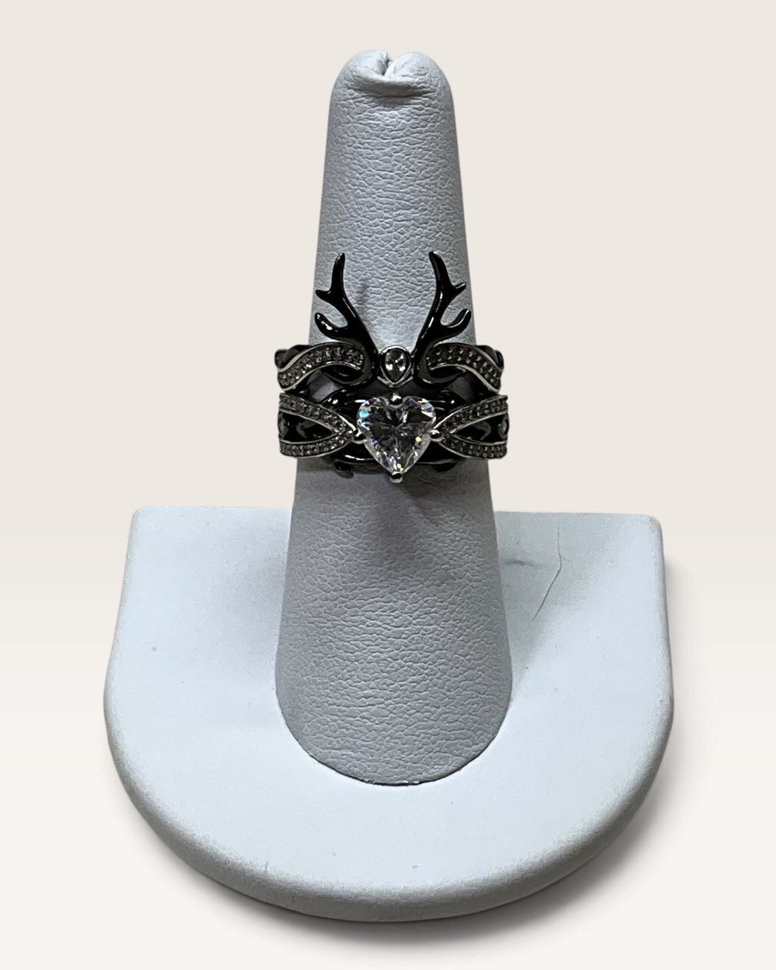 Silver & Stone Jewels Beautiful Deer Antler Wedding & Engagement Ring Set Heart Cut CZ Bridal Ring - Pre-Loved