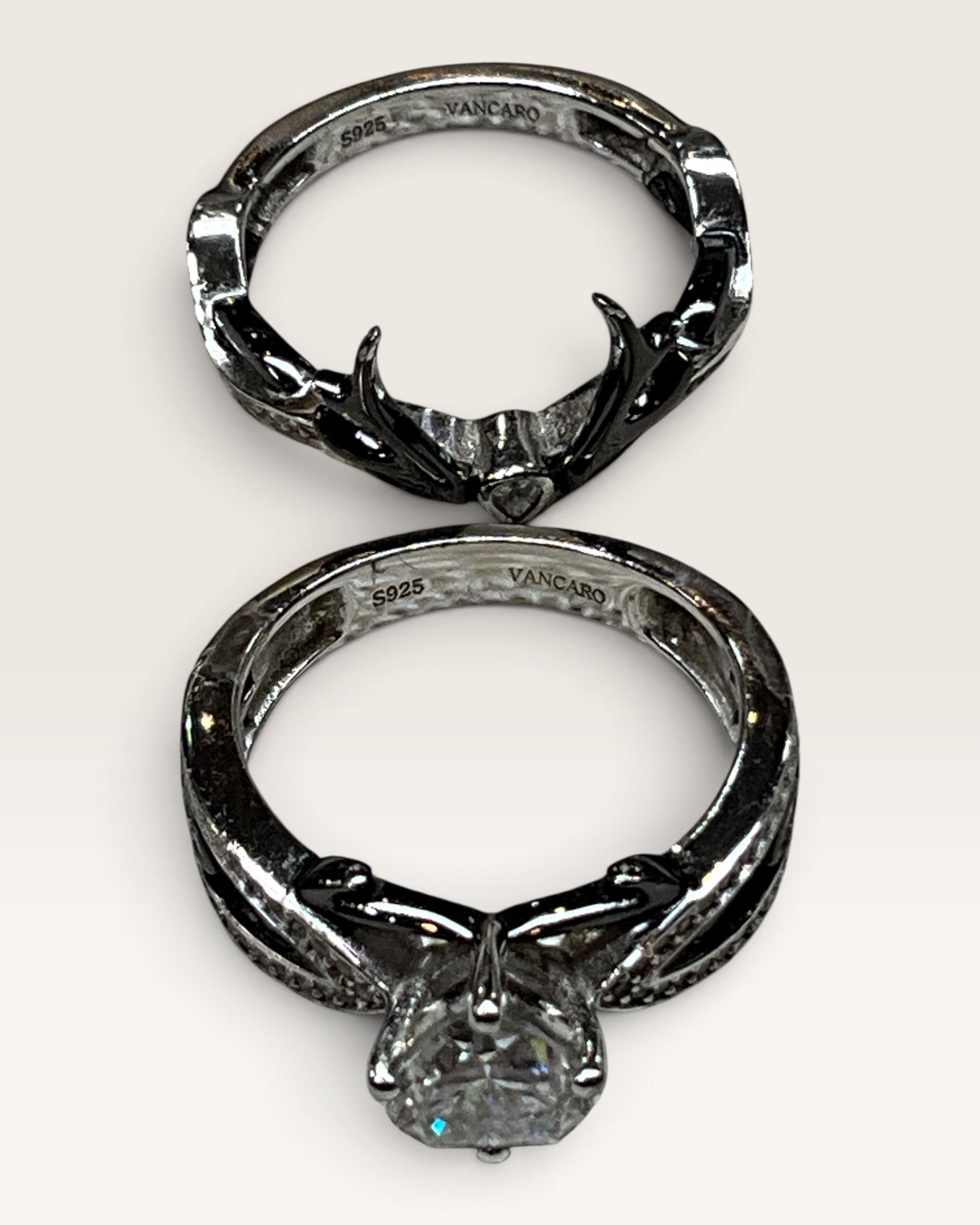 Silver & Stone Jewels Beautiful Deer Antler Wedding & Engagement Ring Set Heart Cut CZ Bridal Ring - Pre-Loved