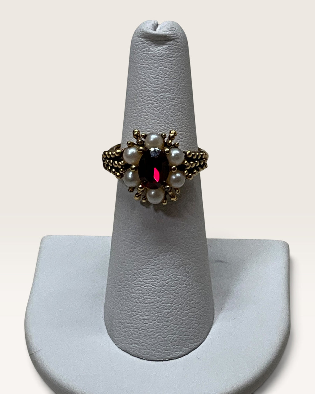 Vintage Avon Ruby Red Faux Pearl Cluster Ring | Gold Tone Statement Ring - Pre-Loved