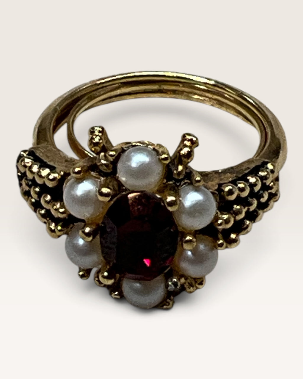 Vintage Avon Ruby Red Faux Pearl Cluster Ring | Gold Tone Statement Ring - Pre-Loved