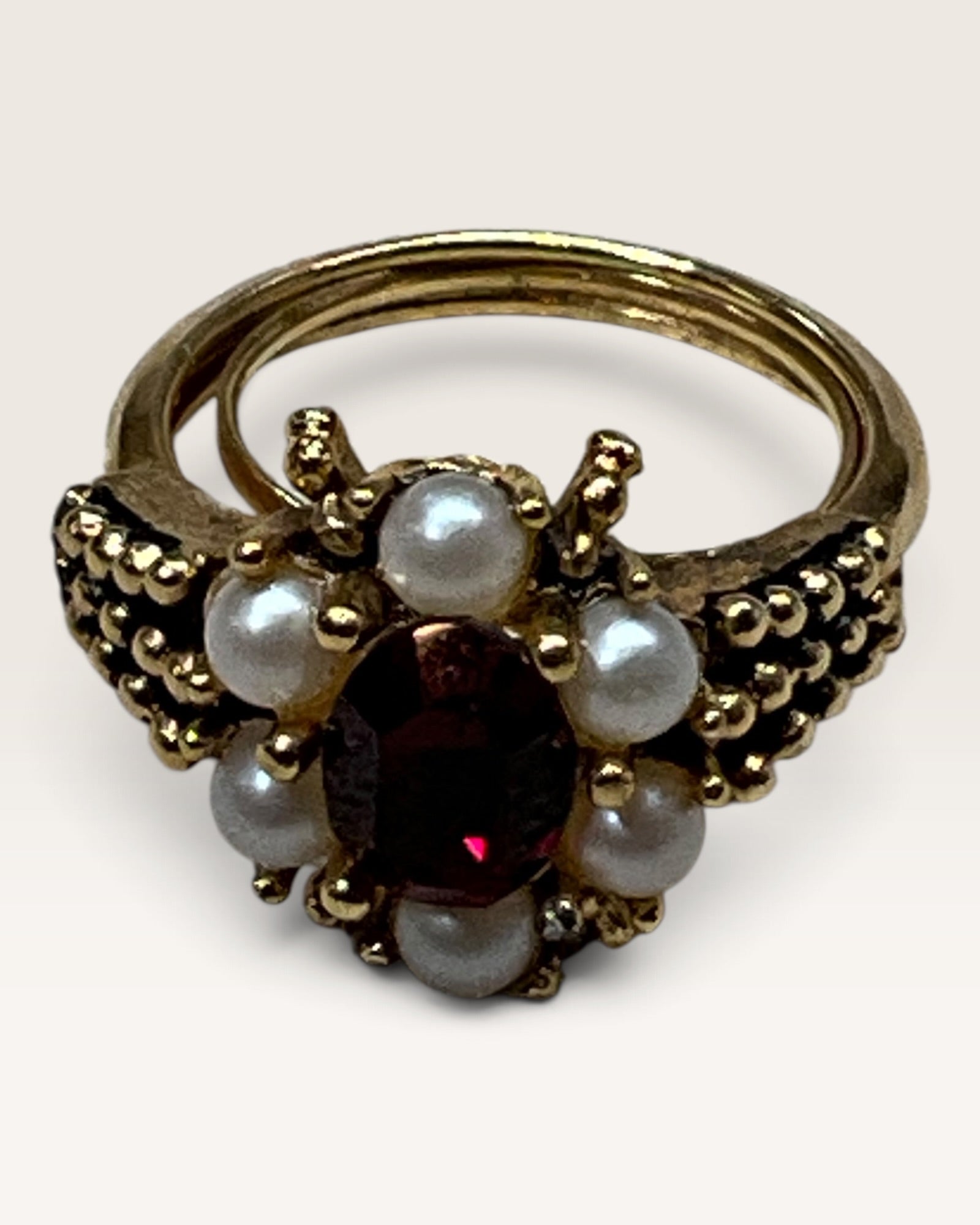 Vintage Avon Ruby Red Faux Pearl Cluster Ring | Gold Tone Statement Ring - Pre-Loved