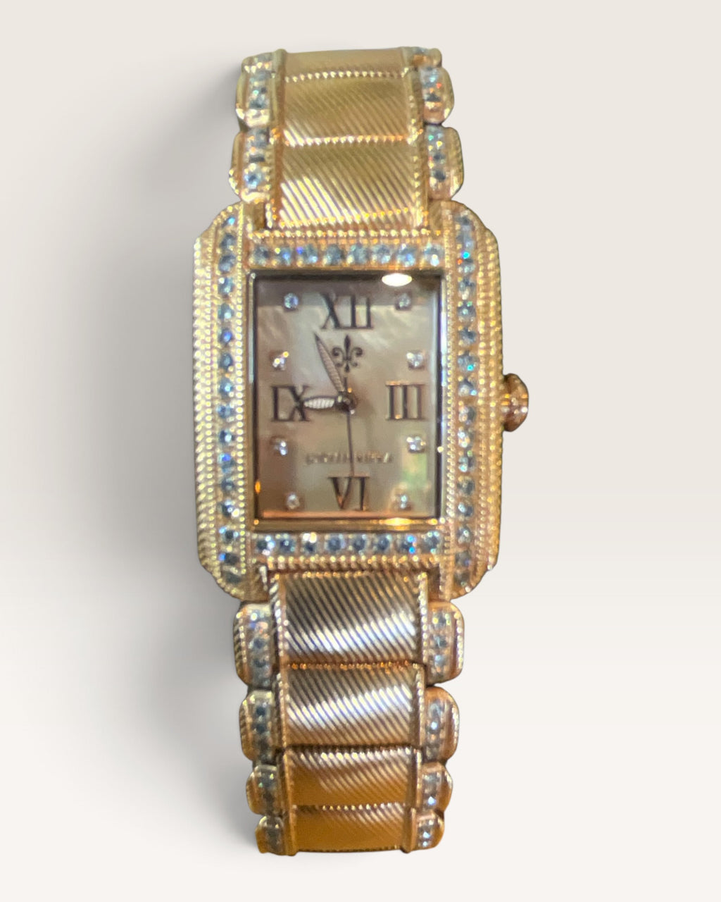 Judith Ripka Diamonique Stainless Steel Regent Watch with Mother of Pearl and Textured Cable Links - Pre-Loved