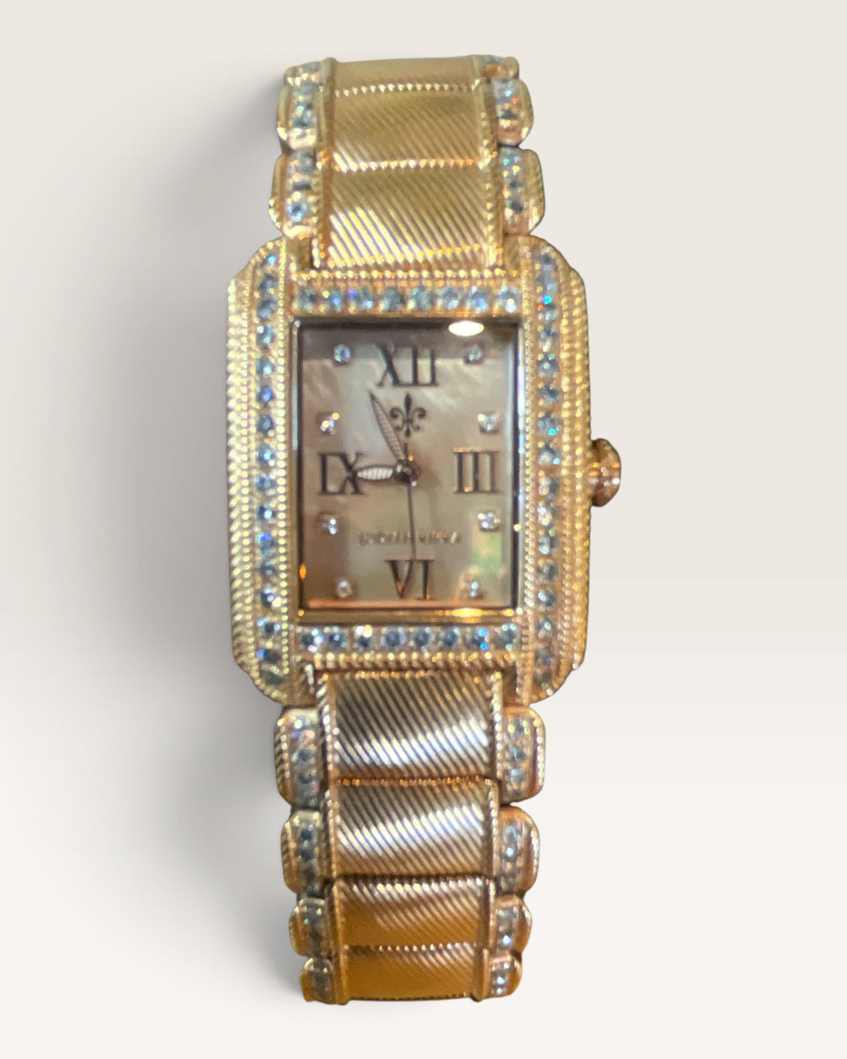 Judith Ripka Diamonique Stainless Steel Regent Watch with Mother of Pearl and Textured Cable Links - Pre-Loved