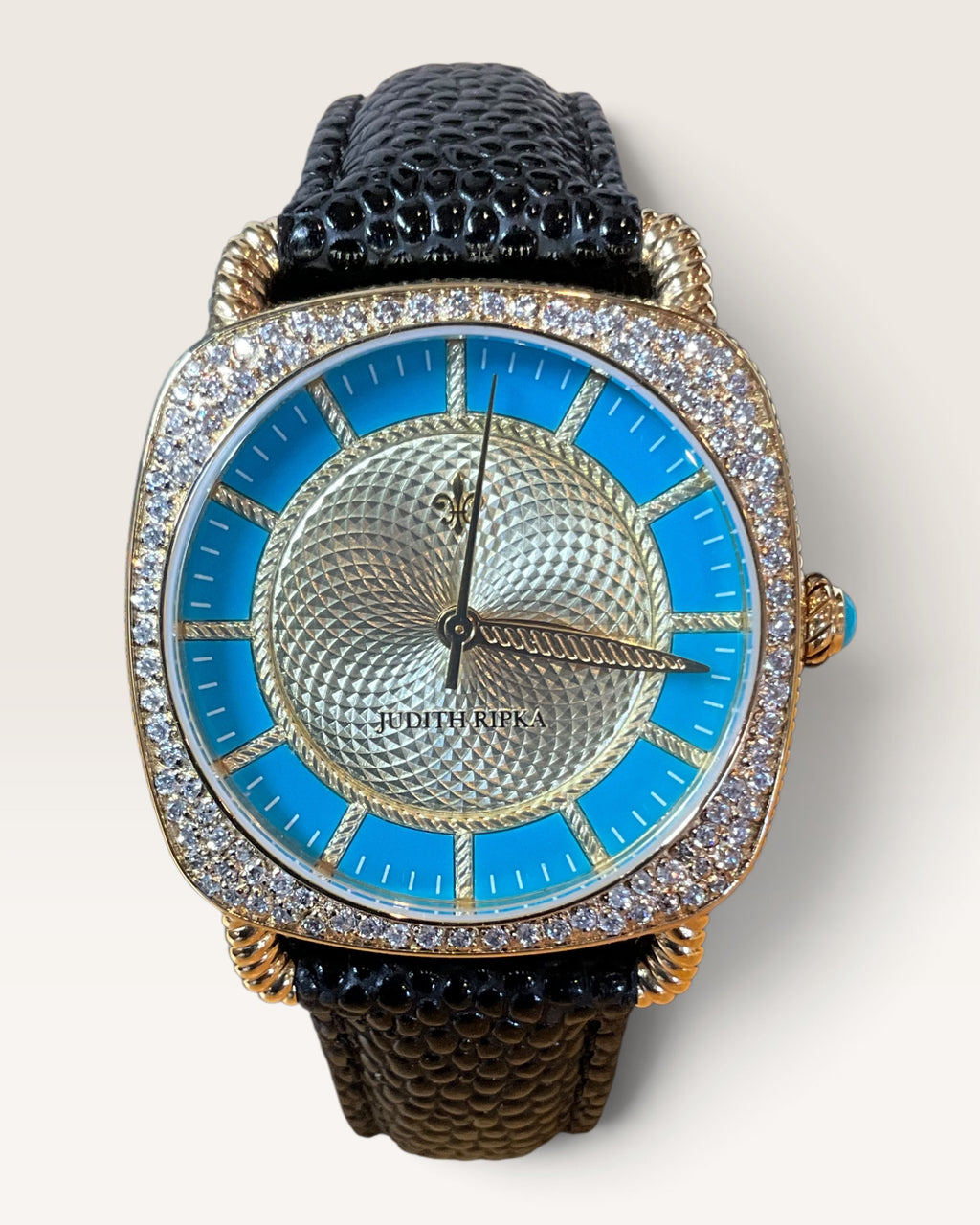 Judith Ripka Sleeping Beauty Cushion-Case Stainless Steel & Cubic Zirconia Watch with Turquoise Inner Ring and Pave Crystal Bezel - Pre-Loved