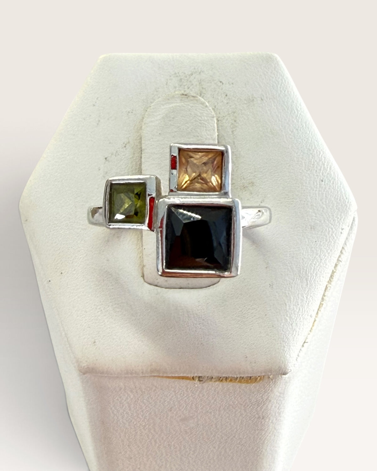 Sterling Silver Onyx, Citrine & Peridot  Multi-Gemstone Ring - Pre-Loved