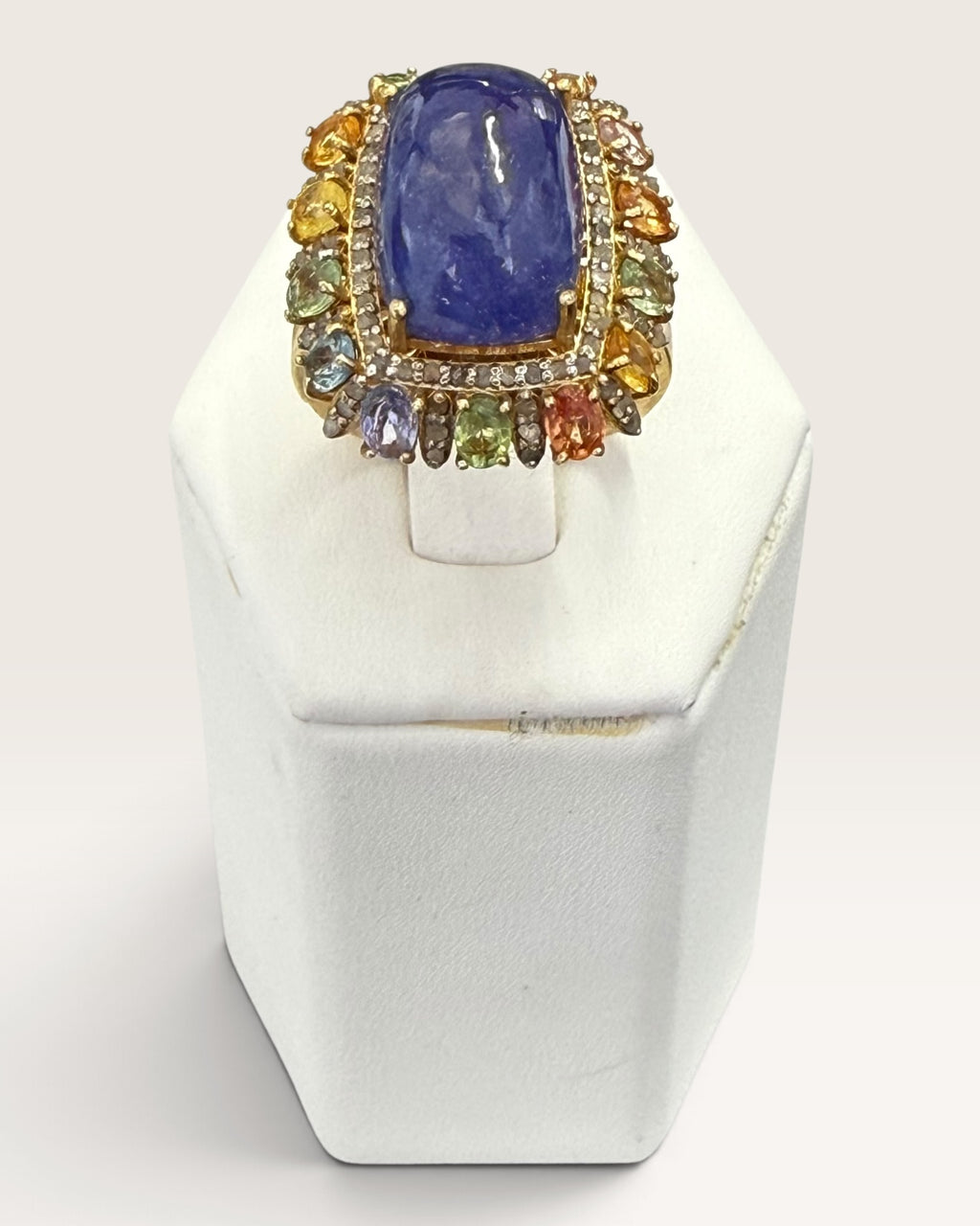 Sterling Silver Tanzanite, Diamonds and Multi Colored Tourmaline Gemstone Statement Ring