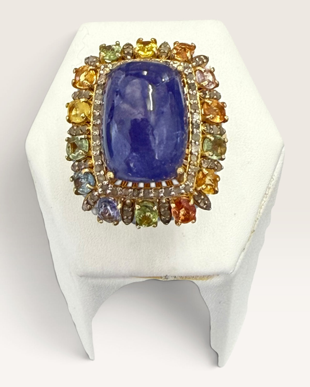 Sterling Silver Tanzanite, Diamonds and Multi Colored Tourmaline Gemstone Statement Ring