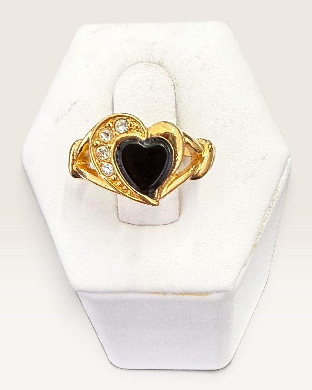 Avon Black Onyx and Cubic Zirconia Gold Tone Heart Ring - Pre-Loved
