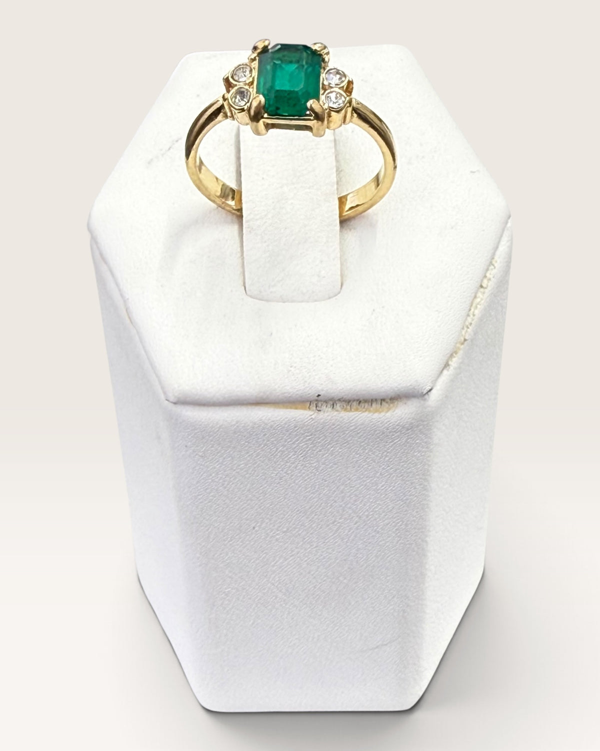 Gold Tone Avon Emerald Cut Green Synthetic Emerald Ring - Pre-Loved