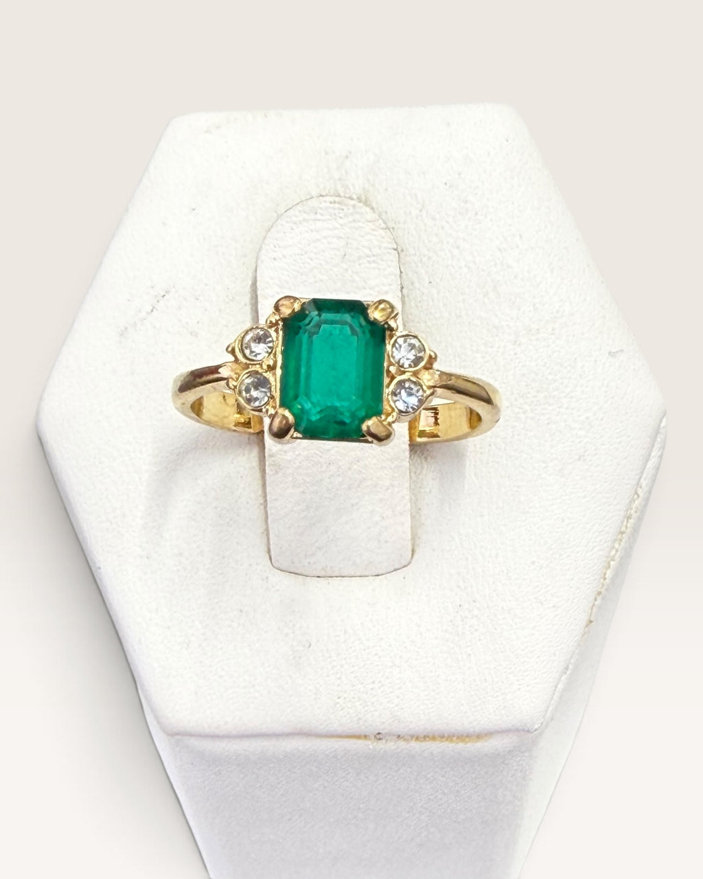 Gold Tone Avon Emerald Cut Green Synthetic Emerald Ring - Pre-Loved