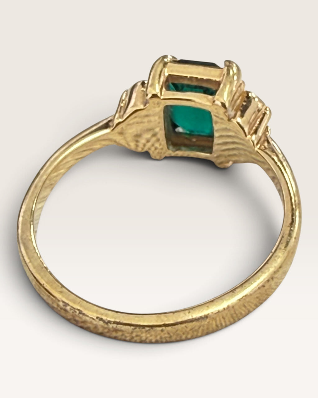 Gold Tone Avon Emerald Cut Green Synthetic Emerald Ring - Pre-Loved