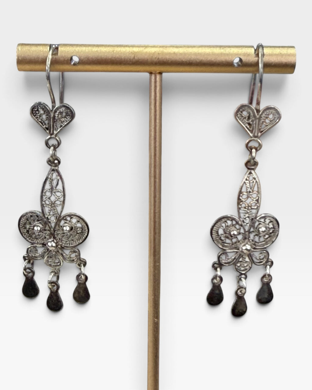 D&S Turkey Sterling Silver Chandelier Earrings Fleur-de-Lis Filigree - Pre-Loved