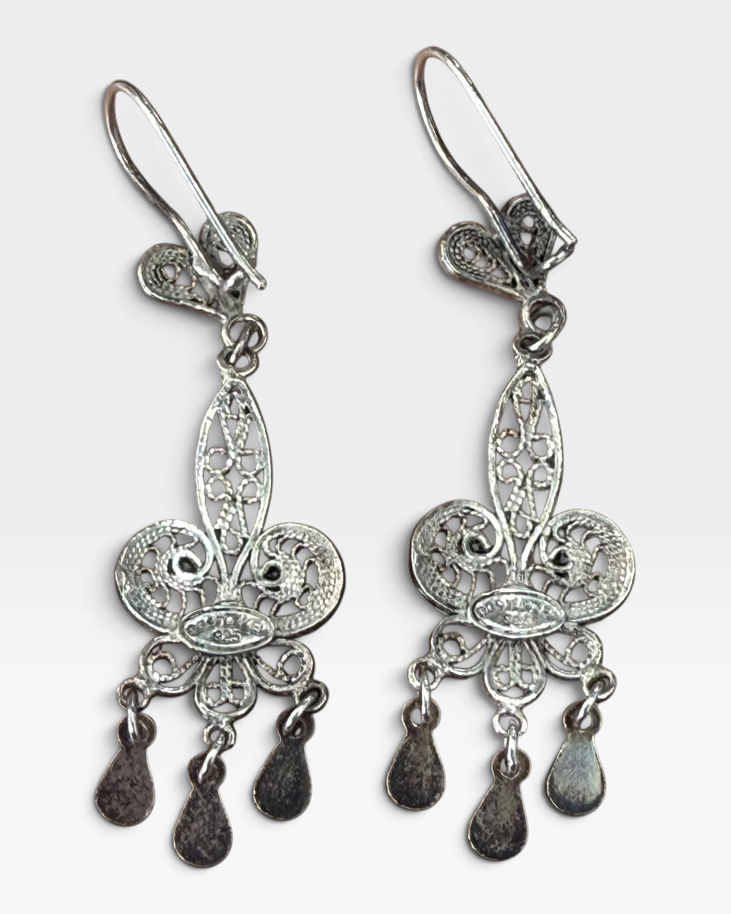 D&S Turkey Sterling Silver Chandelier Earrings Fleur-de-Lis Filigree - Pre-Loved