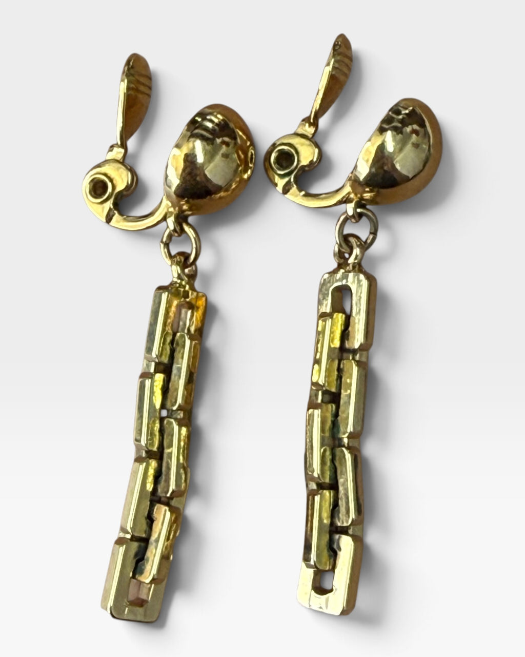 Vintage Monet Gold Tone Button Chunky Clip on Dangle Earrings - Pre-Loved