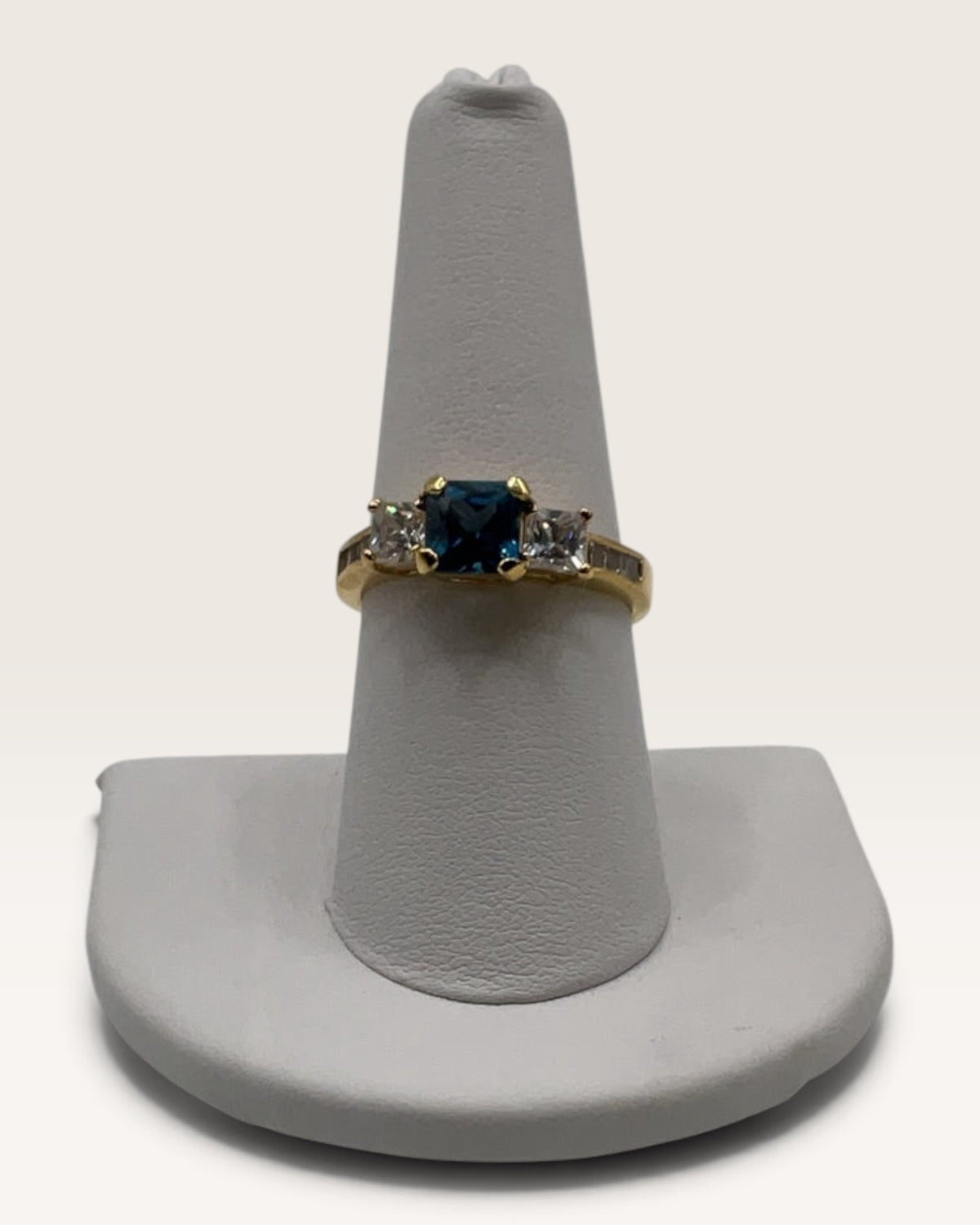 Vintage EDCO Blue Topaz CZ Sterling Silver Gold Vermeil Three Stone Ring - Pre-Loved