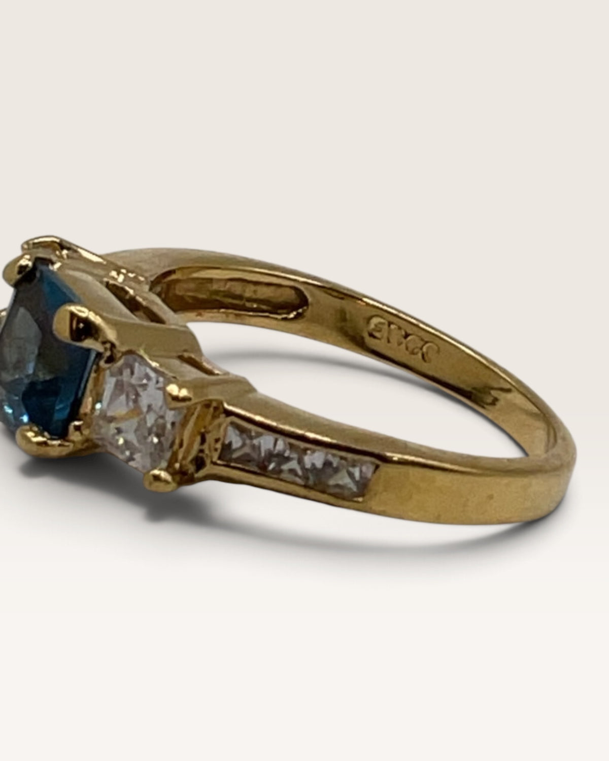 Vintage EDCO Blue Topaz CZ Sterling Silver Gold Vermeil Three Stone Ring - Pre-Loved