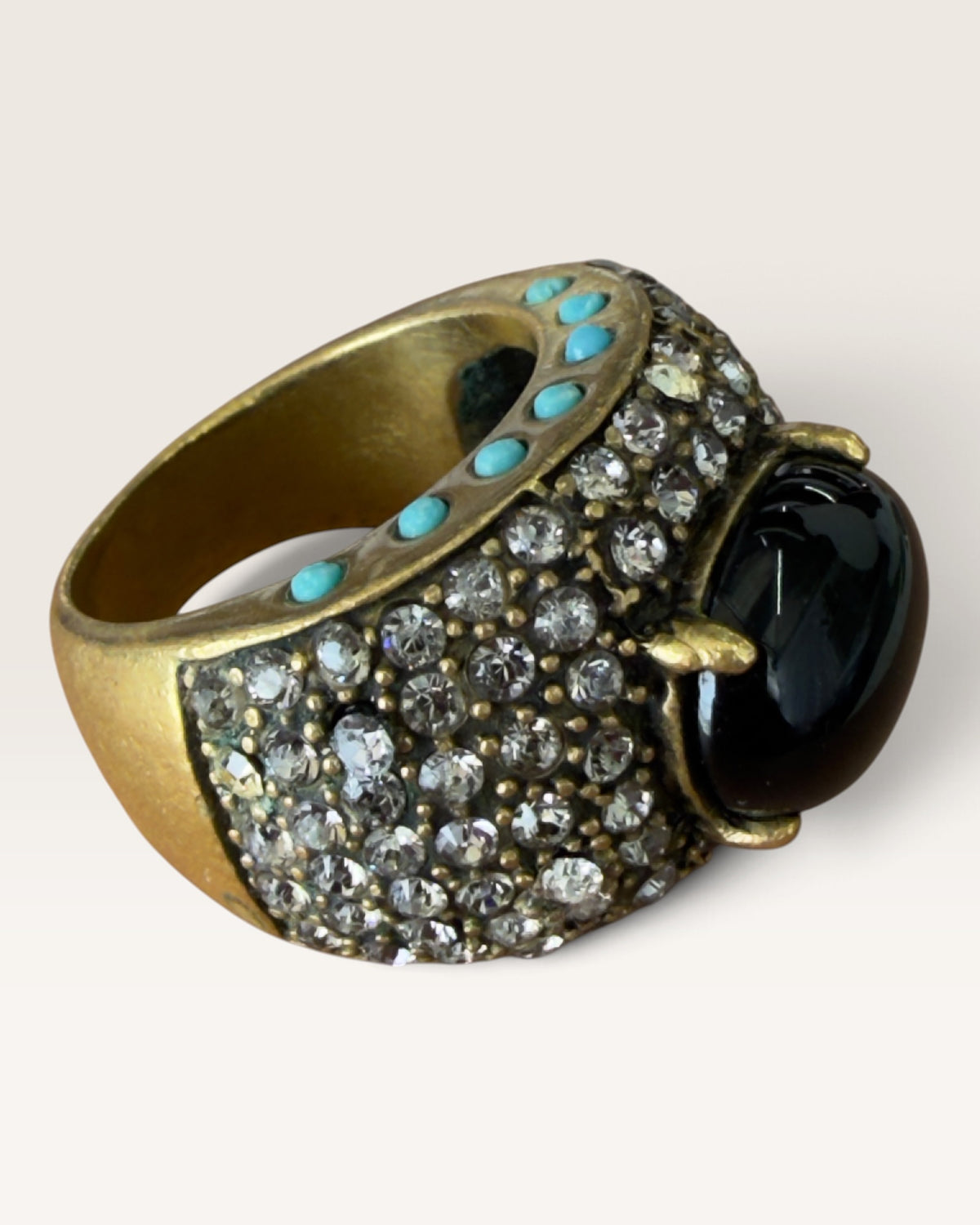 Signed Heidi Daus Brass with Faux Onyx & Turquoise & Swarovski Crystals - Pre-Loved