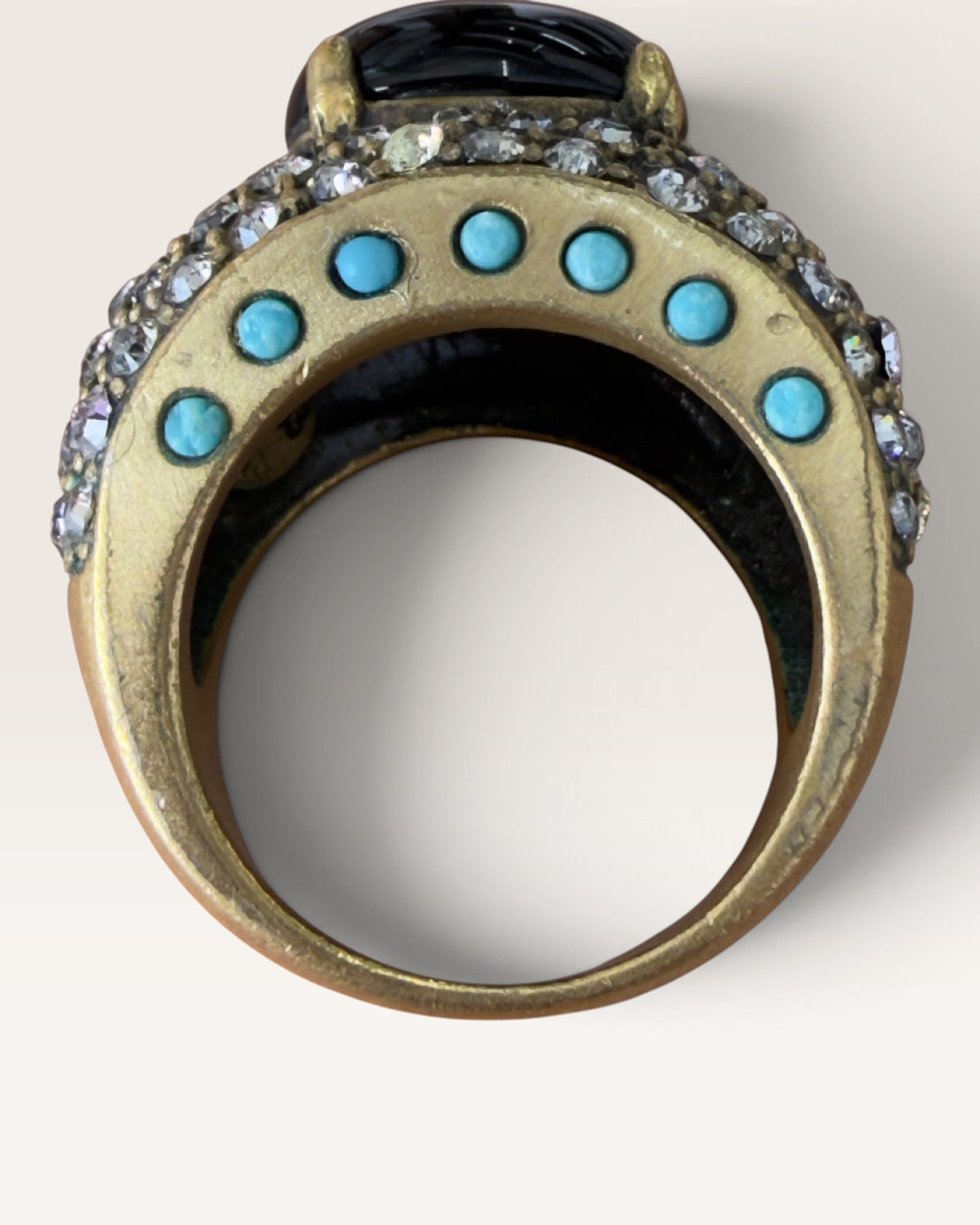 Signed Heidi Daus Brass with Faux Onyx & Turquoise & Swarovski Crystals - Pre-Loved