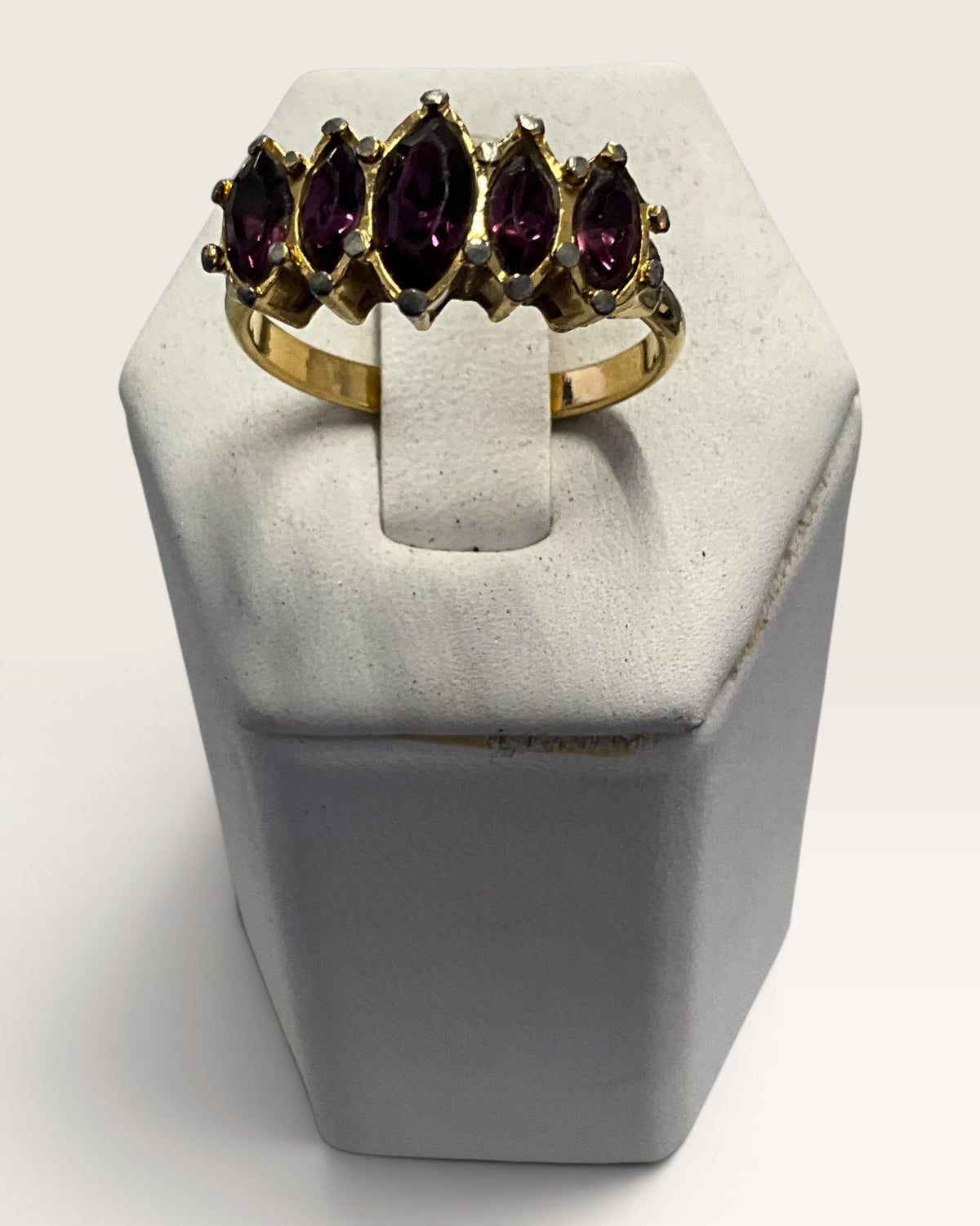 Vintage Avon Ring with Five Marquise-Cut Faux Amethyst Purple Gold-Tone Band 1980s Statement Ring - Pre-Loved
