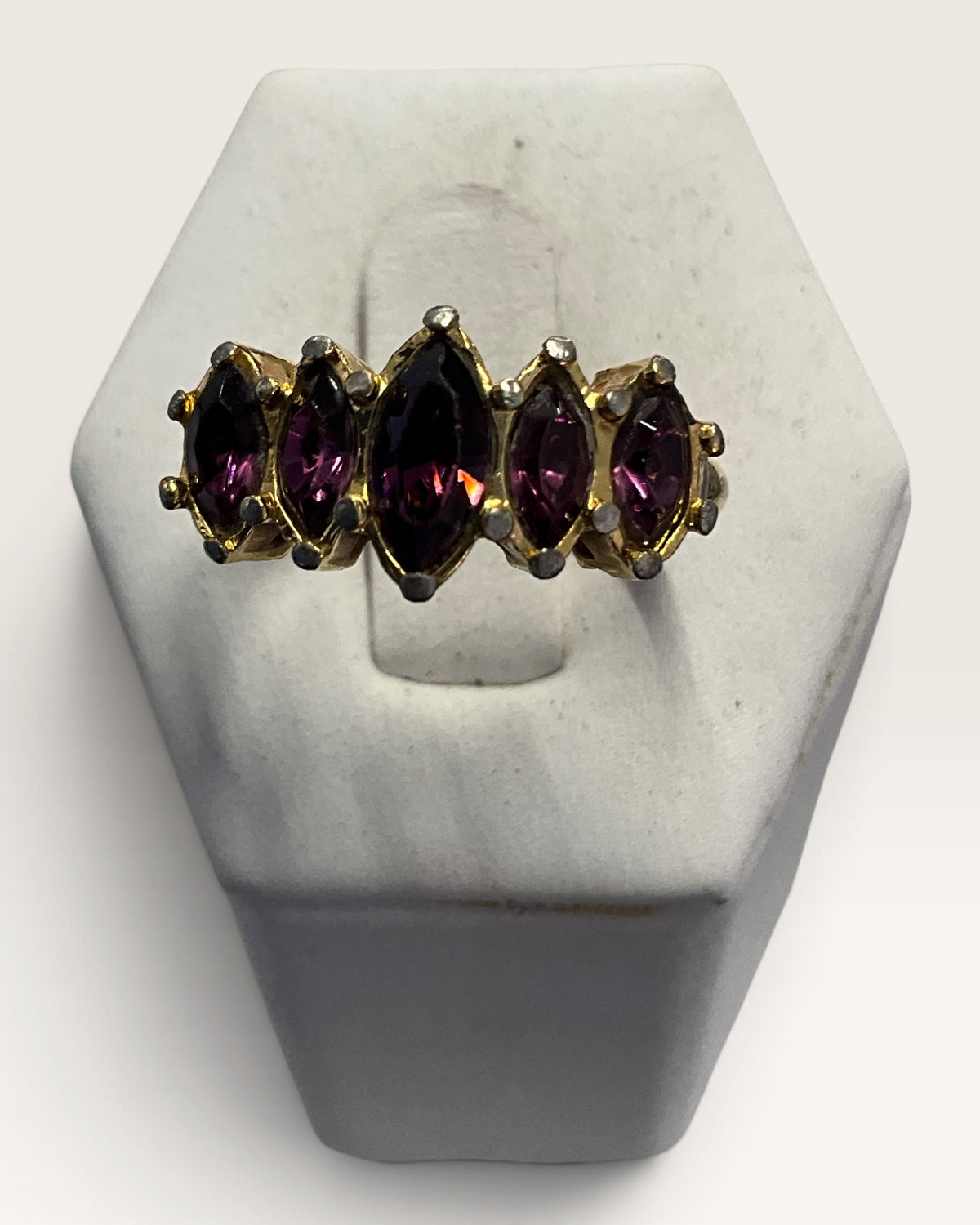 Vintage Avon Ring with Five Marquise-Cut Faux Amethyst Purple Gold-Tone Band 1980s Statement Ring - Pre-Loved