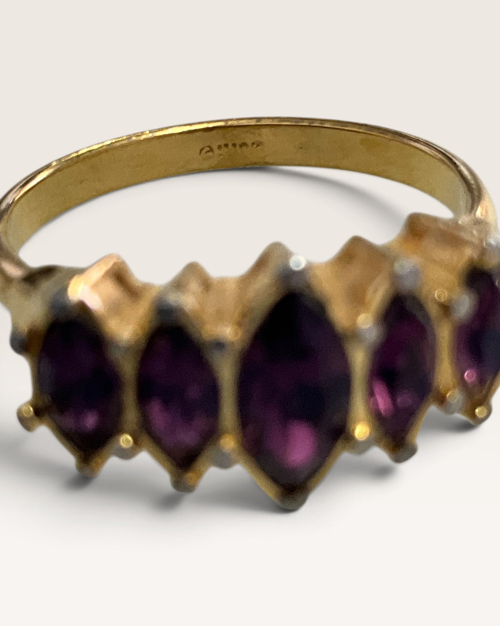 Vintage Avon Ring with Five Marquise-Cut Faux Amethyst Purple Gold-Tone Band 1980s Statement Ring - Pre-Loved