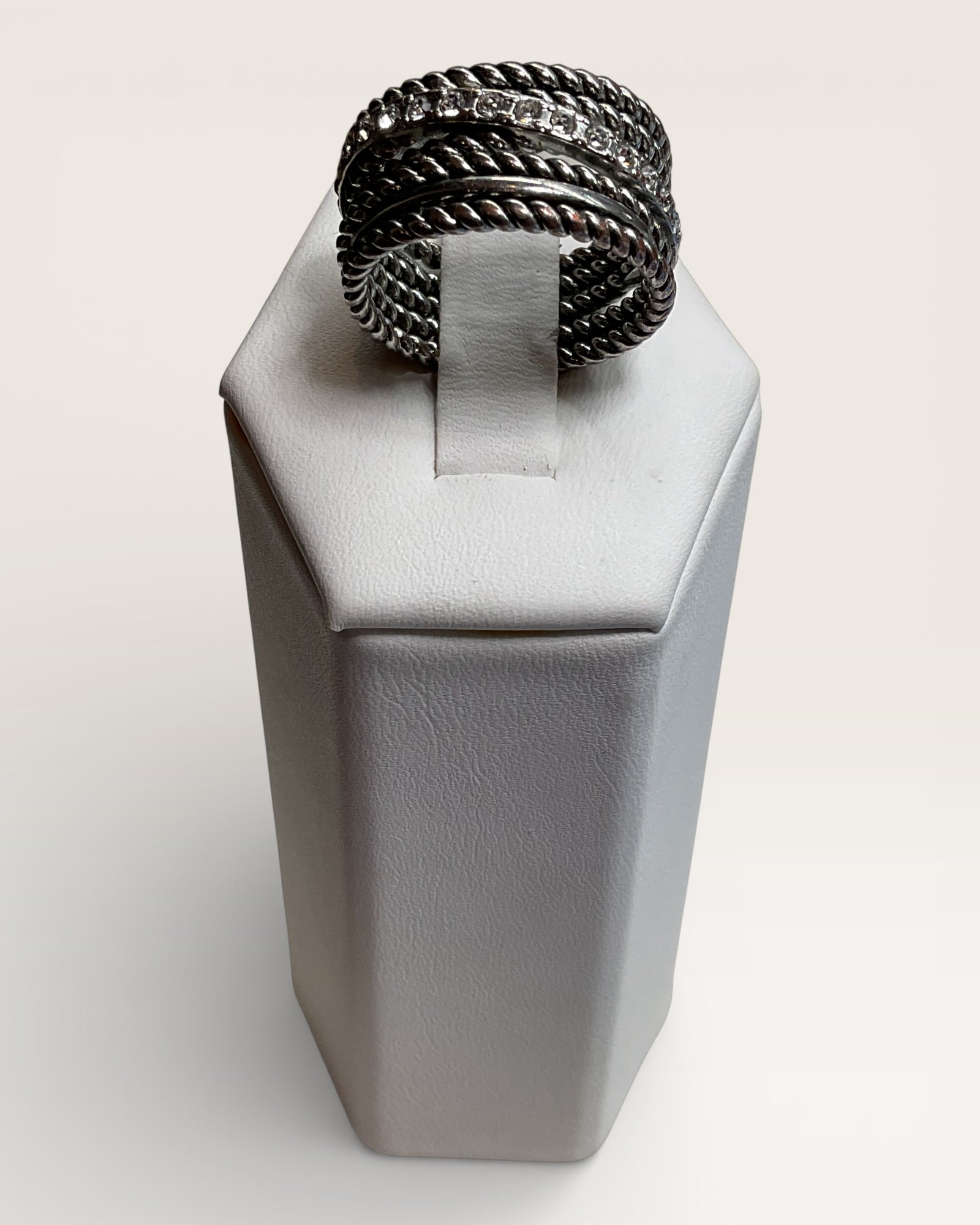 Silvertone Multi Layered Pave Crossover Band Ring - Estate Sale (Great Condition)