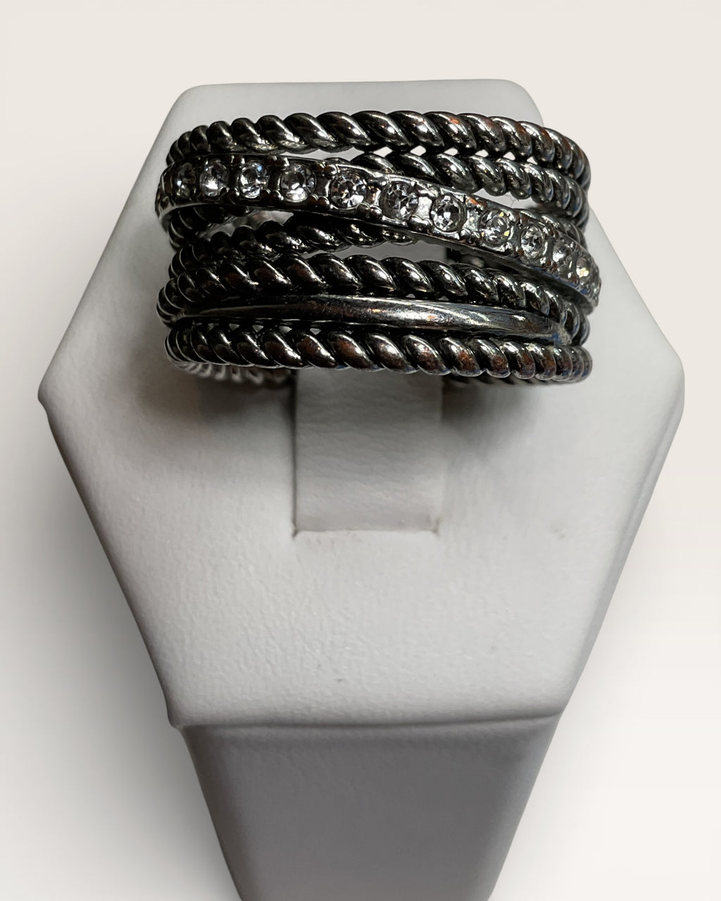 Silvertone Multi Layered Pave Crossover Band Ring - Estate Sale (Great Condition)