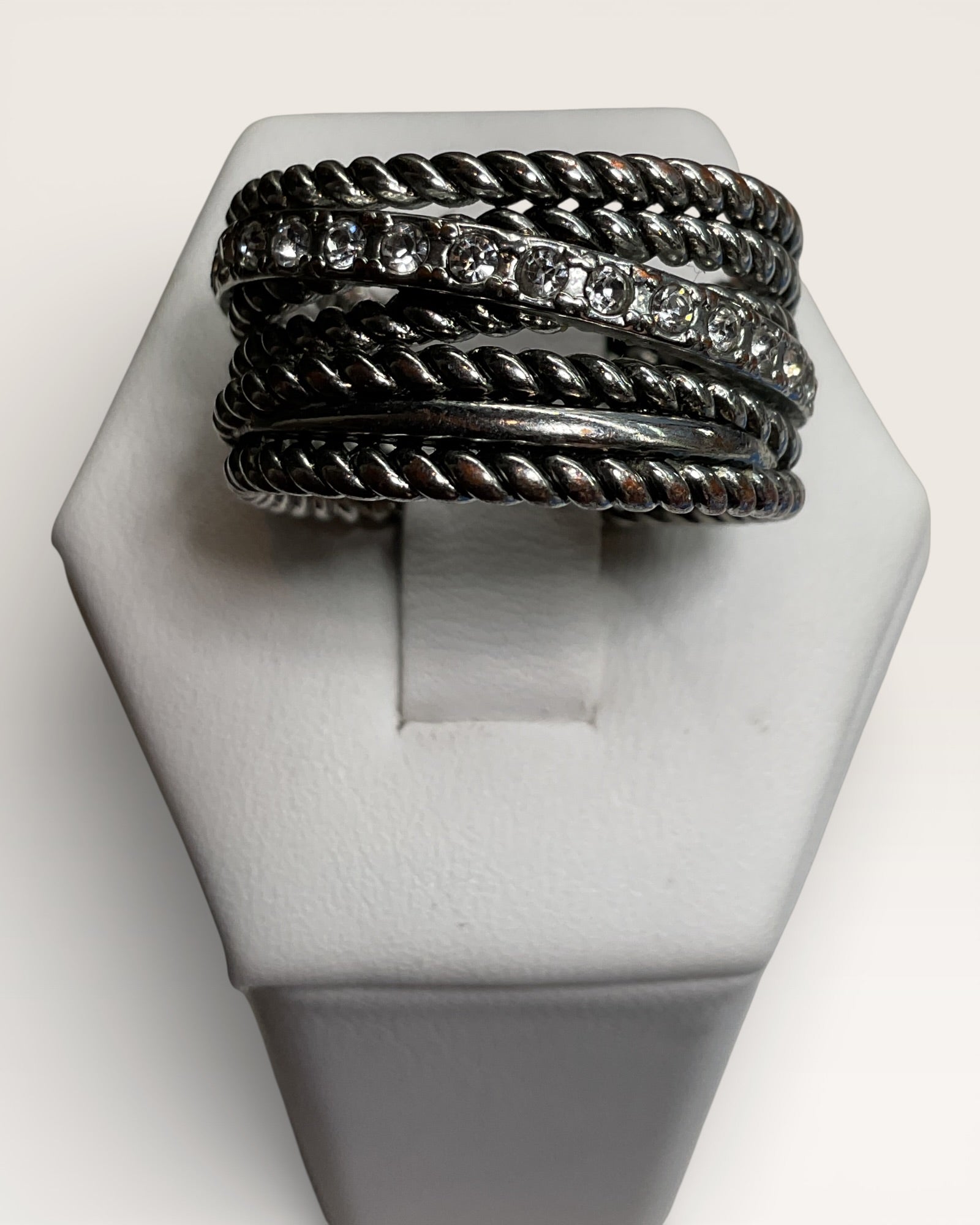 Silvertone Multi Layered Pave Crossover Band Ring - Estate Sale (Great Condition)