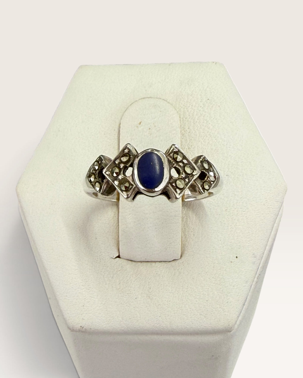 Sterling Silver Lapis & Marcasite Gemstone Ring - Pre-Loved