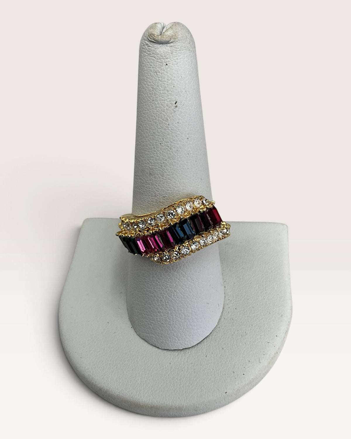 Vintage Signed DAC 18K HGE Gold Plated  Multi Color Rhinestone Ring - Pre-Loved