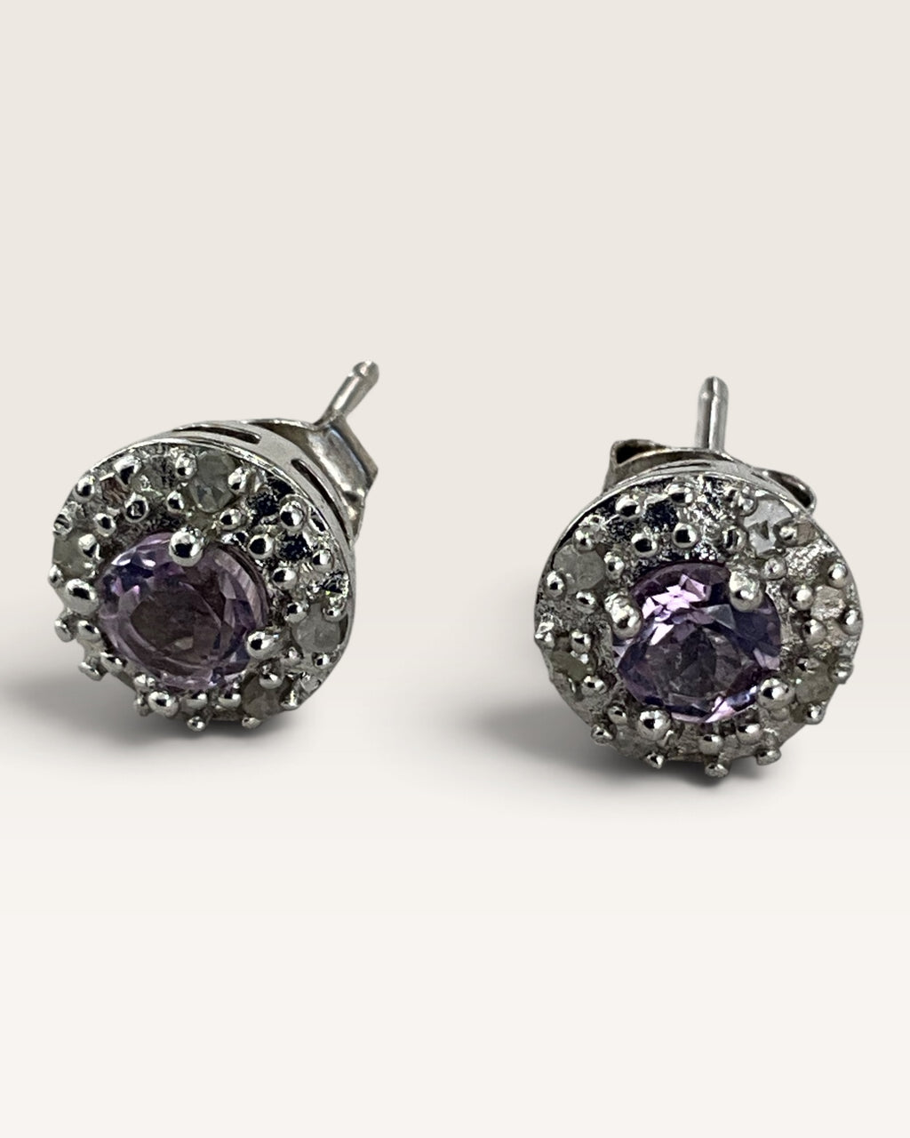Sterling Silver Amethyst & Diamond Gemstone Stud Earrings