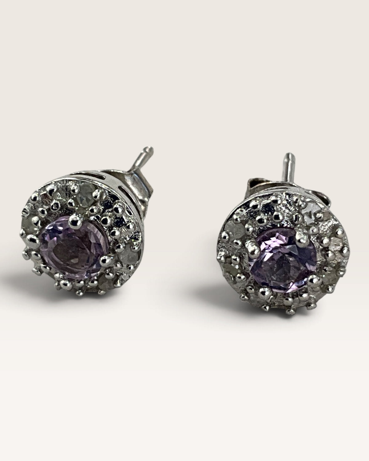 Sterling Silver Amethyst & Diamond Gemstone Stud Earrings