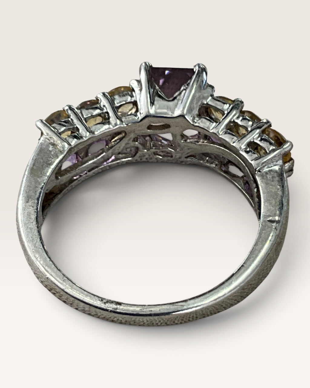 Sterling Silver Amethyst & Citrine Double Row Gemstone Ring - Pre-Loved