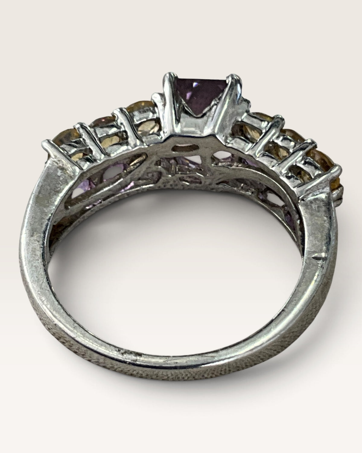 Sterling Silver Amethyst & Citrine Double Row Gemstone Ring - Pre-Loved