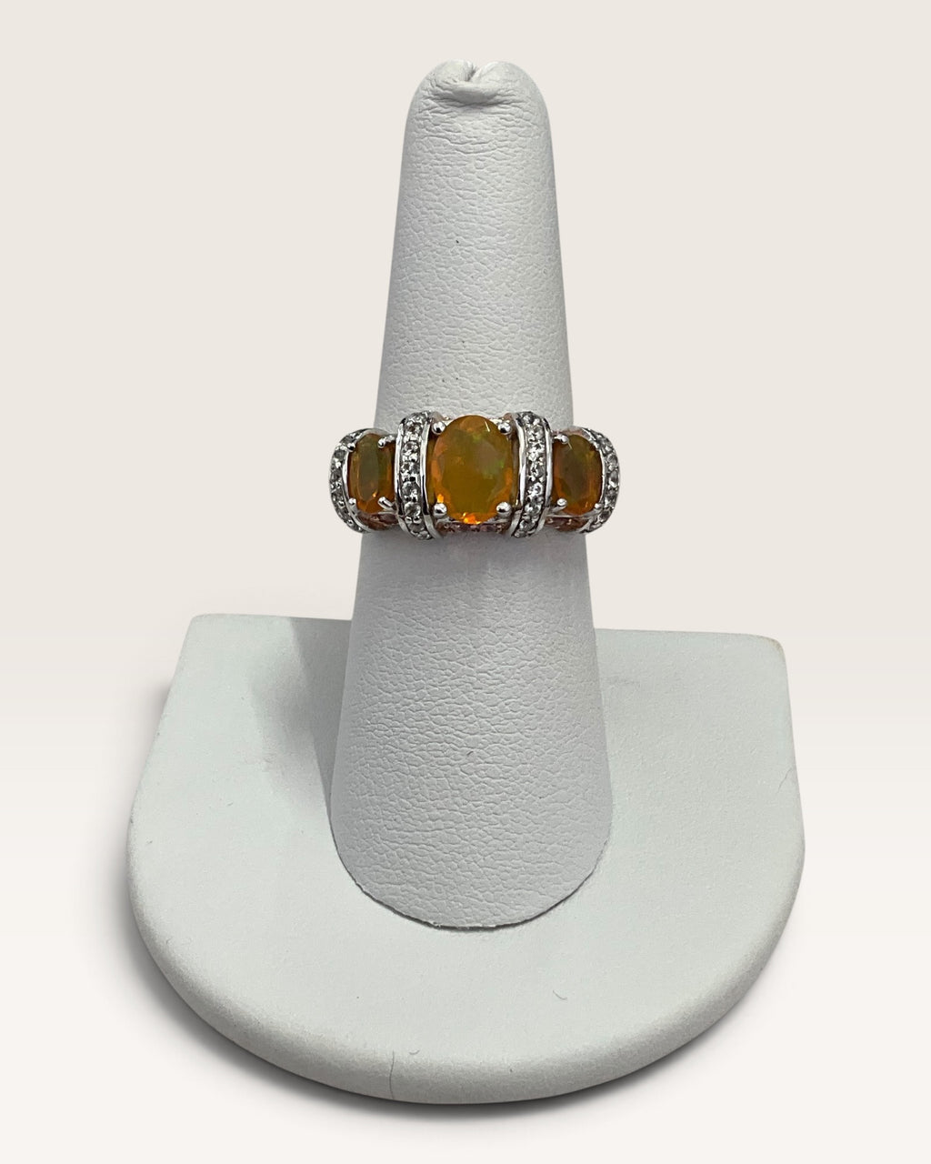 Ethiopian Opal Pink Sapphire White Zircon Rhodium Over Sterling Ring - Pew-Loved