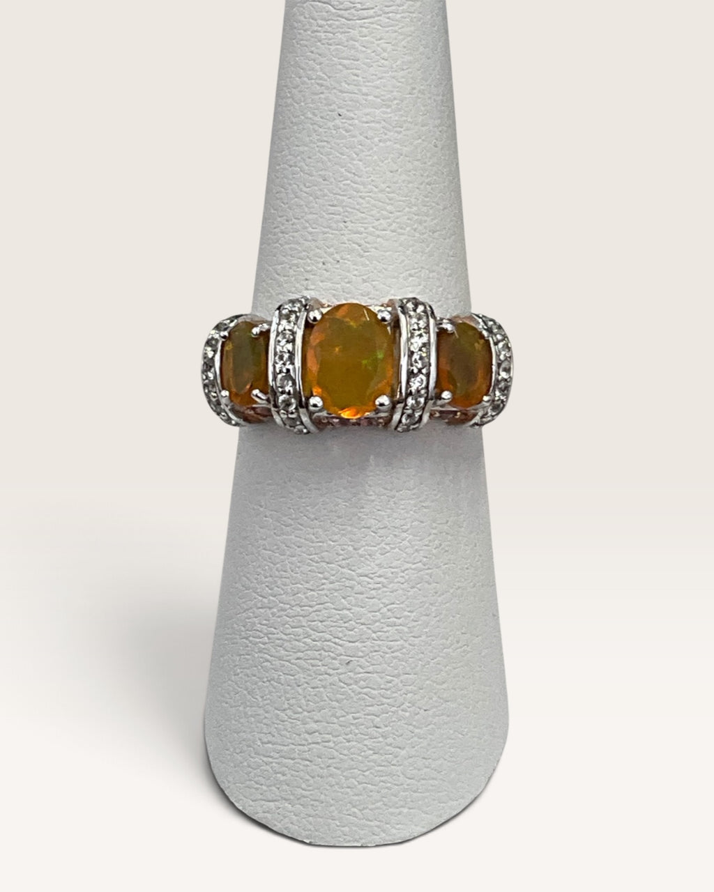 Ethiopian Opal Pink Sapphire White Zircon Rhodium Over Sterling Ring - Pew-Loved