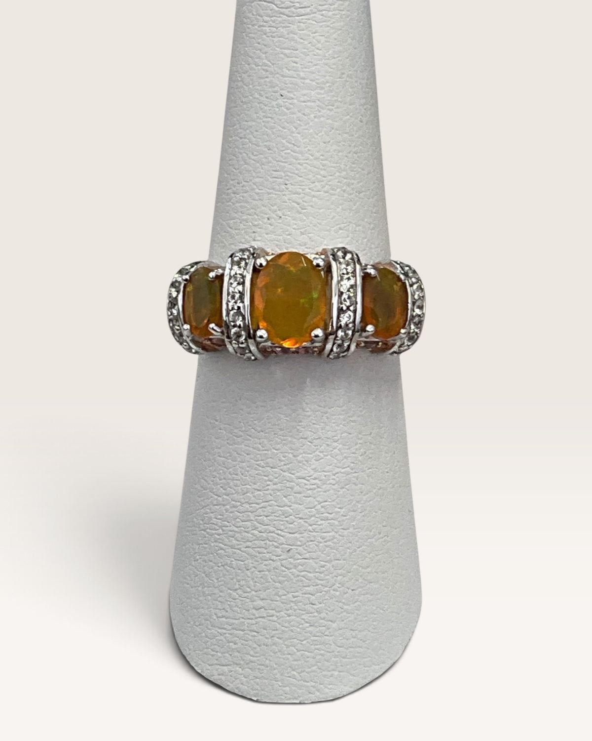 Ethiopian Opal Pink Sapphire White Zircon Rhodium Over Sterling Ring - Pew-Loved